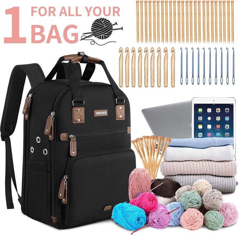 SINVICKO Crochet Bag, Knitting Bag Backpack and Totes Organizer with USB Charging Port, Large Yarn Storage Tote Bag - Image 2